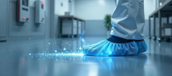 A close-up of an operator wearing blue ESD-compliant shoe covers in a cleanroom environment. 