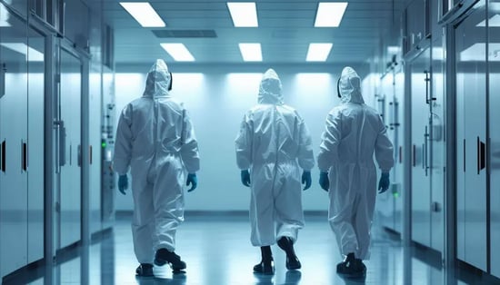 An image of operators donning cleanroom garments before entering a controlled environment, potentially exposing themselves to PFAS.