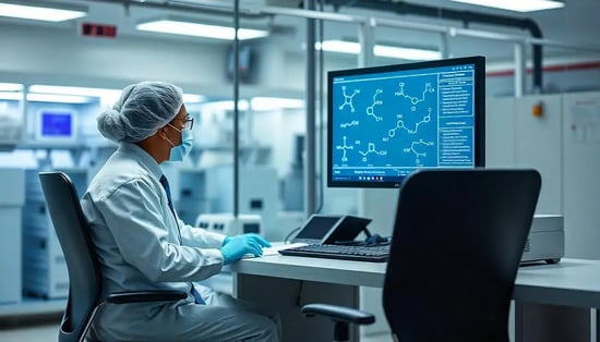 Cleanroom operator analyzing some chemical chains a computer screen.