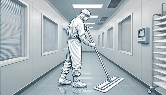 A vector illustration of a cleanroom operator mopping the floor in a cleanroom, wearing full coverall.