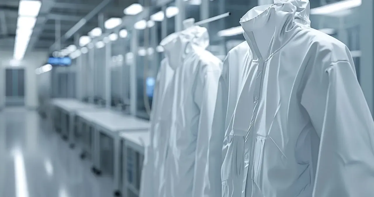 Close-up shot of launderable cleanroom garments in a controlled cleanroom environment.