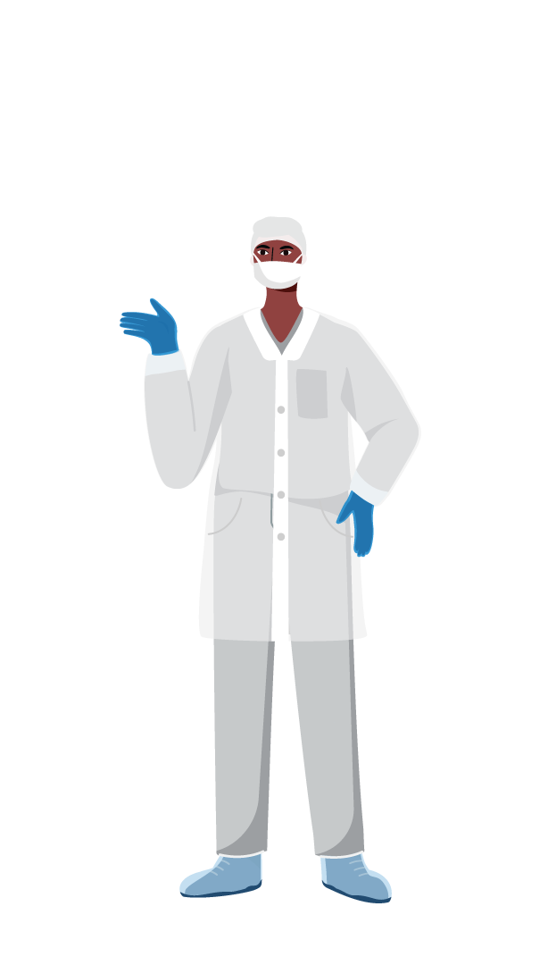 Image: Valutek Macrotek class cleanroom operator dressed in a shoe cover, lab coat, blue nitrile cleanroom glove, face mask, and a bouffant cap.