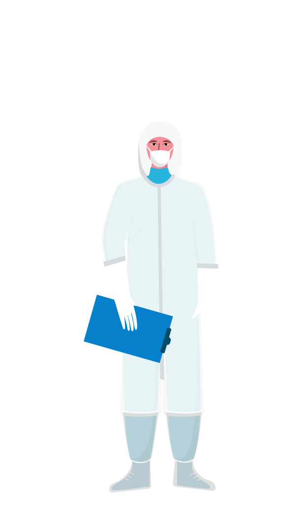 Image: A Microtek cleanroom operator wearing boot covers, a lab coat, white nitrile cleanroom gloves, a face mask, and a bouffant cap.