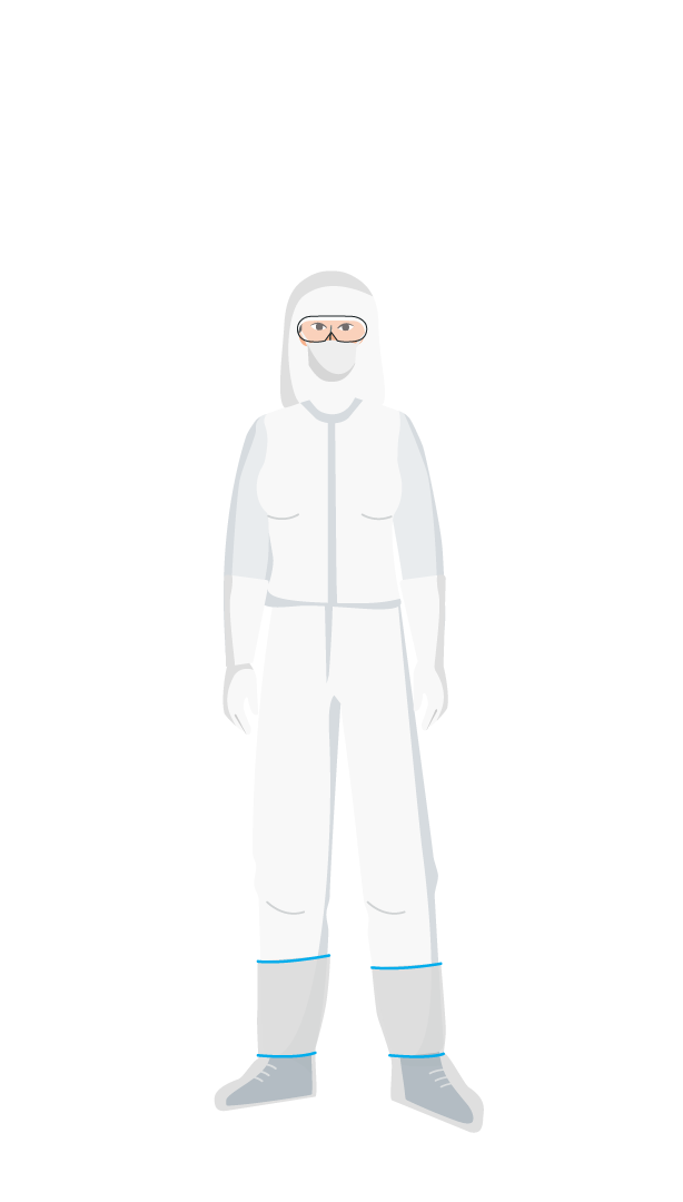 A Nanotek cleanroom operator wearing boot covers, microporous coveralls, white nitrile cleanroom gloves, a face mask, and a bouffant cap with a hood.